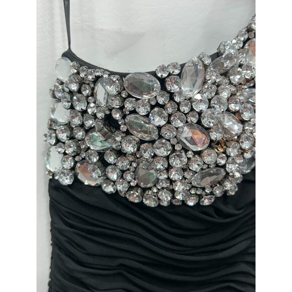 Scala Black Crystal Embellishments One-Shoulder Ruched Cocktail Dress Sz 8 FLAWS - Picture 8 of 16